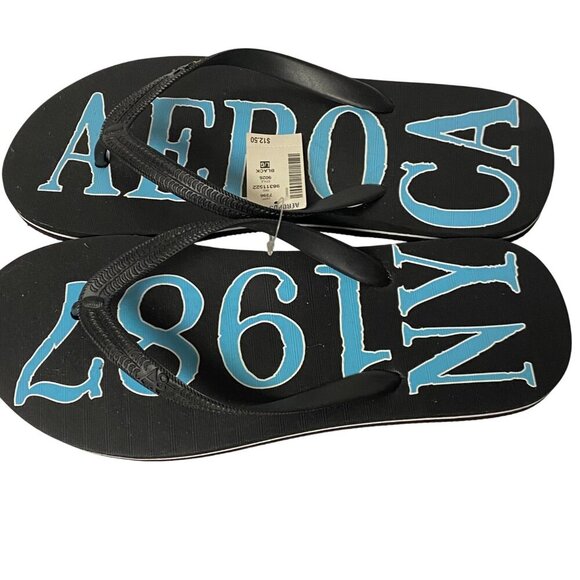 Aeropostale Mens Flip Flops Black &‎ Blue "NYC 1987" Design size L Nwt - Picture 2 of 4